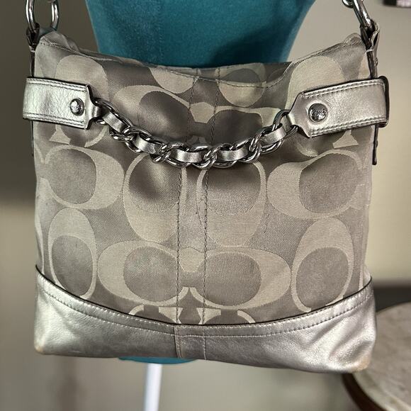 Coach Monogram Shoulder Bag With Silver Colored Leather Accents Adjustable - Picture 1 of 16